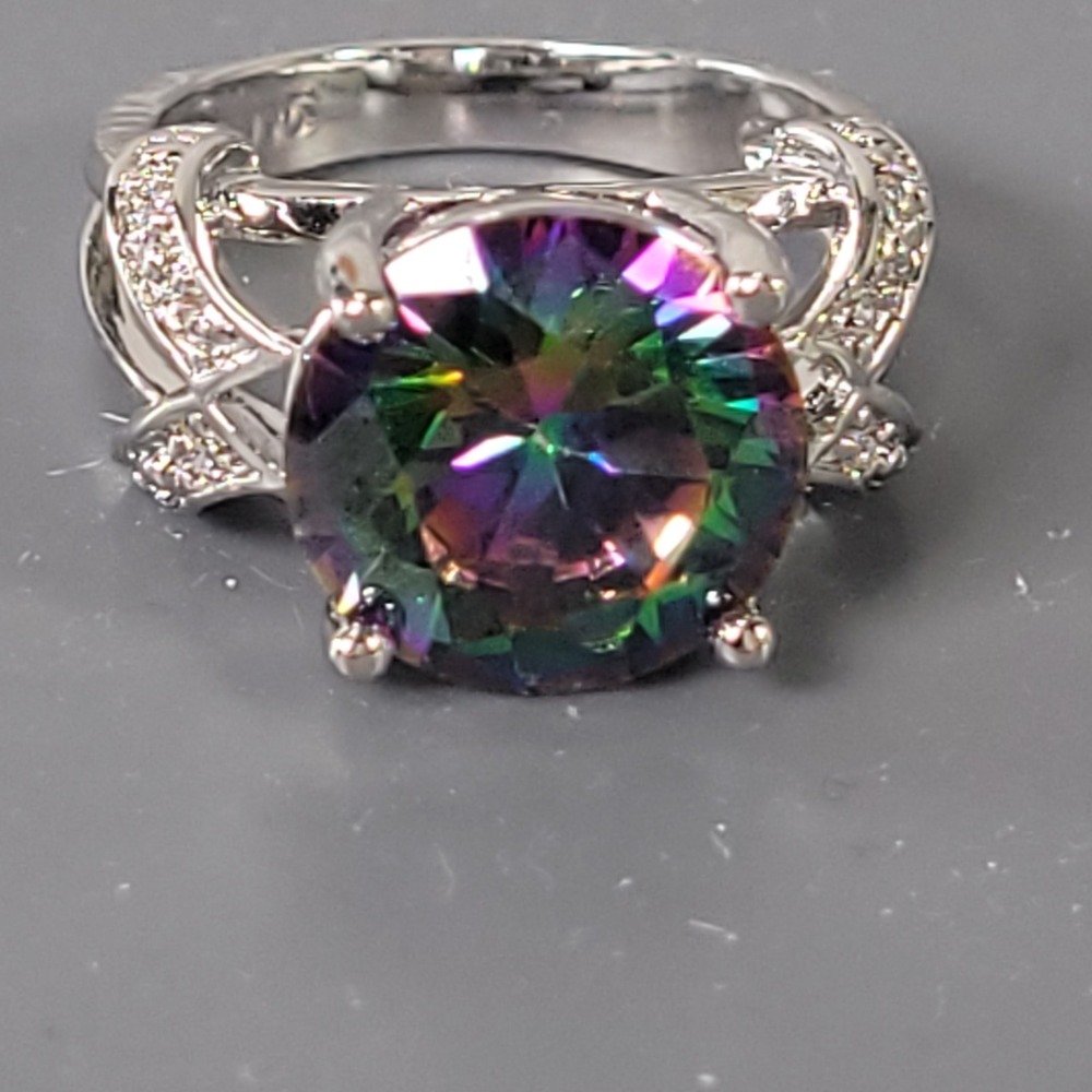 Mystic Rainbow AB Glass Ring‎ Womens Size 6 Silver Tone Cocktail Statement Pavé